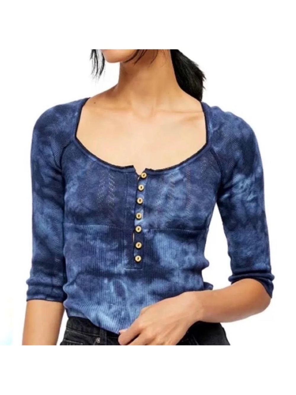 Free People Rory Henley Top Toe Dye ribbed pointelle henley size small S